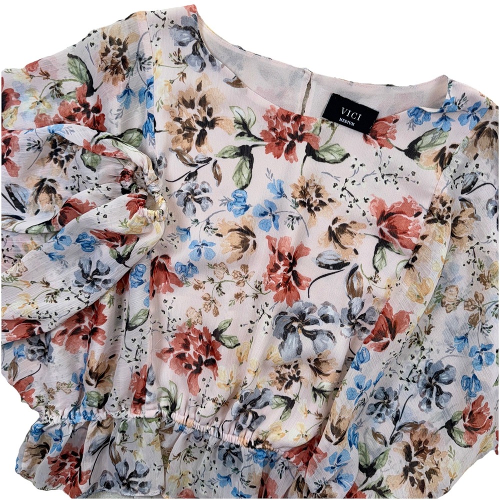 VICI Blouse Women Medium Pink Floral Peplum Dolman Sleeve Chiffon Top
